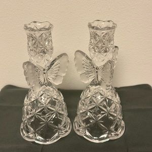 Hofbauer W. Germany Crystal Butterfly Tapper Candle Holders Set Clear Glass